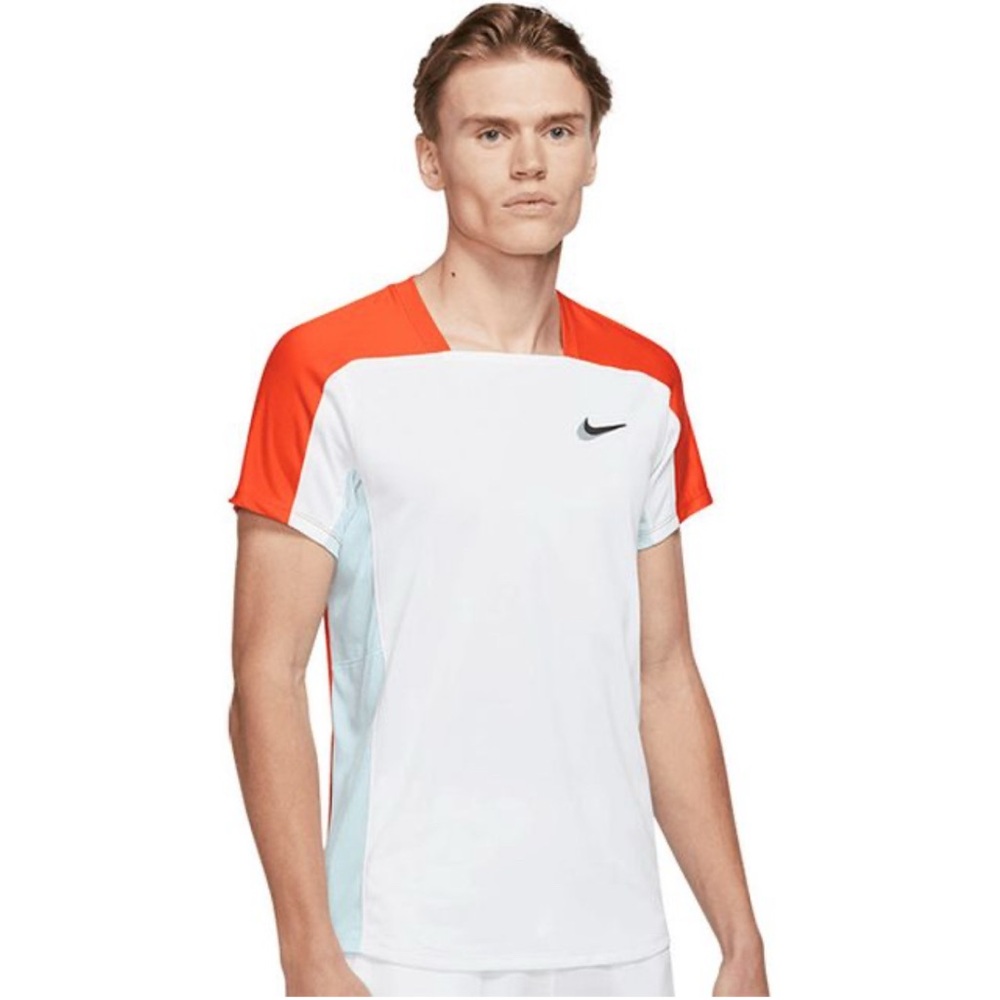 Nike Men’s White Short-Sleeve Athletic Tee with Orange Shoulder Panels